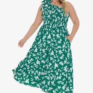Kimcurvy. Plus 24W Bojo Green/White Floral. Smocked long dress. Pockets.